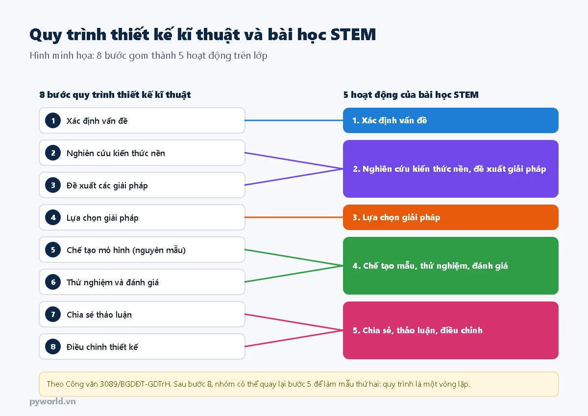 Tám bước quy trình thiết kế kĩ thuật nối với năm hoạt động của bài học STEM: xác định vấn đề; nghiên cứu kiến thức nền và đề xuất giải pháp; lựa chọn giải pháp; chế tạo mẫu, thử nghiệm, đánh giá; chia sẻ, thảo luận, điều chỉnh