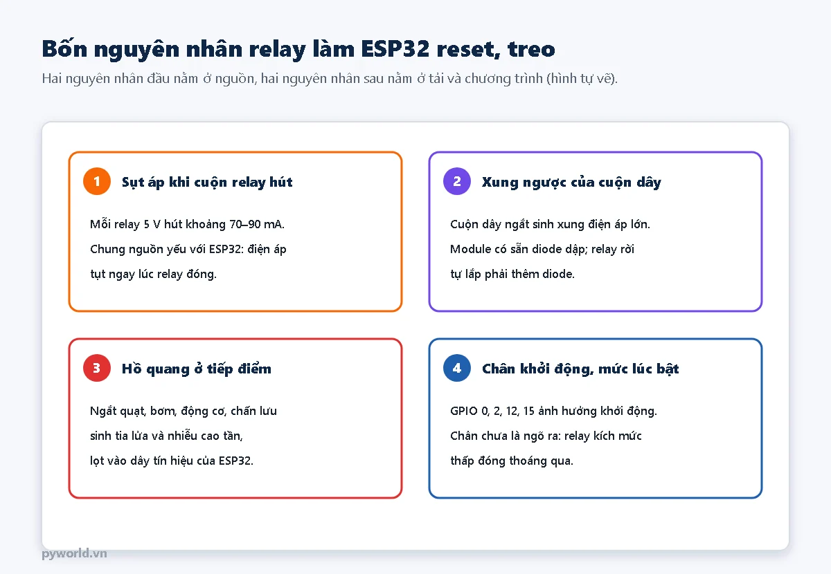 Bốn nguyên nhân relay làm ESP32 reset: sụt áp khi cuộn relay hút, xung ngược của cuộn dây, hồ quang ở tiếp điểm, chân khởi động và mức lúc bật nguồn