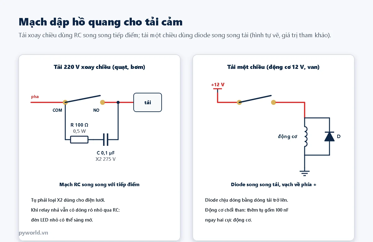 Mạch dập hồ quang cho relay: tải 220 V xoay chiều dùng điện trở 100 Ω nối tiếp tụ X2 0,1 µF song song tiếp điểm COM NO; tải một chiều 12 V dùng diode song song tải, vạch diode về phía cực dương