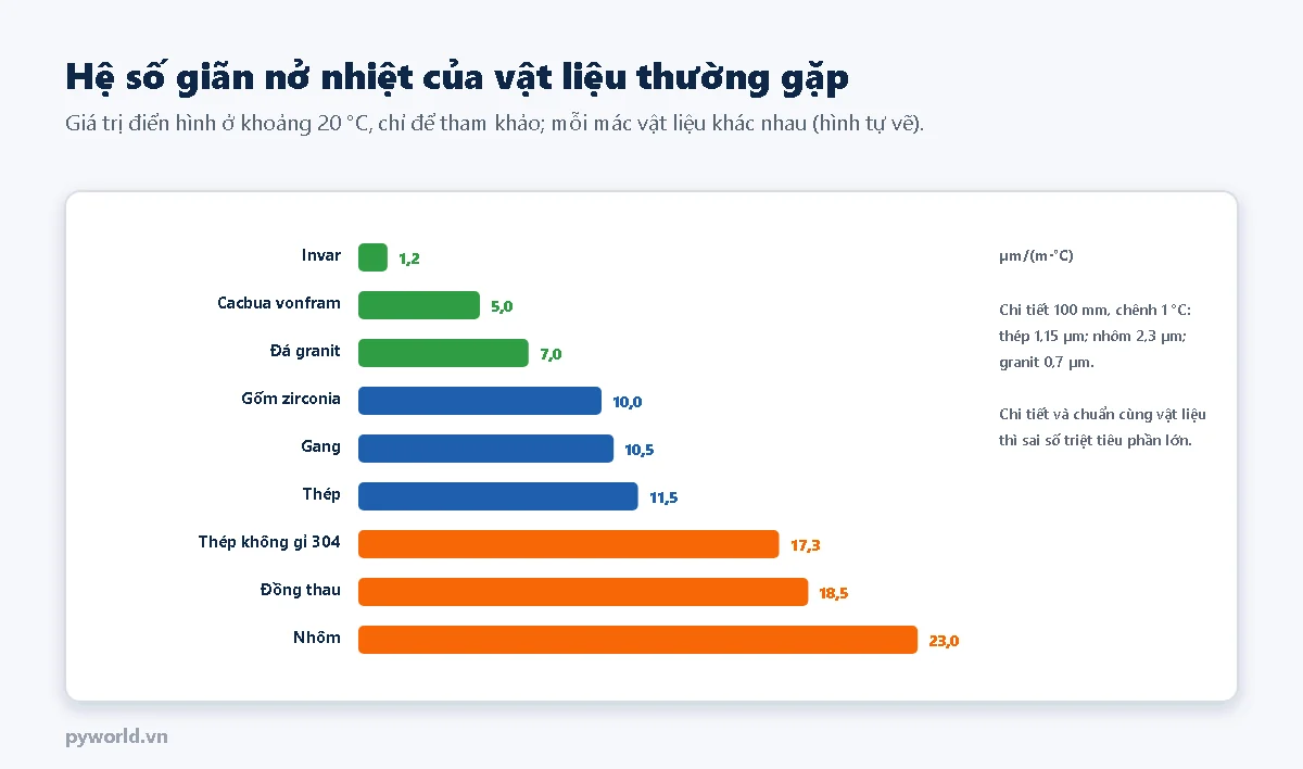 Biểu đồ thanh hệ số giãn nở nhiệt theo micromét trên mét trên độ C: invar 1,2; cacbua vonfram 5,0; đá granit 7,0; gốm zirconia 10,0; gang 10,5; thép 11,5; thép không gỉ 304 17,3; đồng thau 18,5; nhôm 23,0