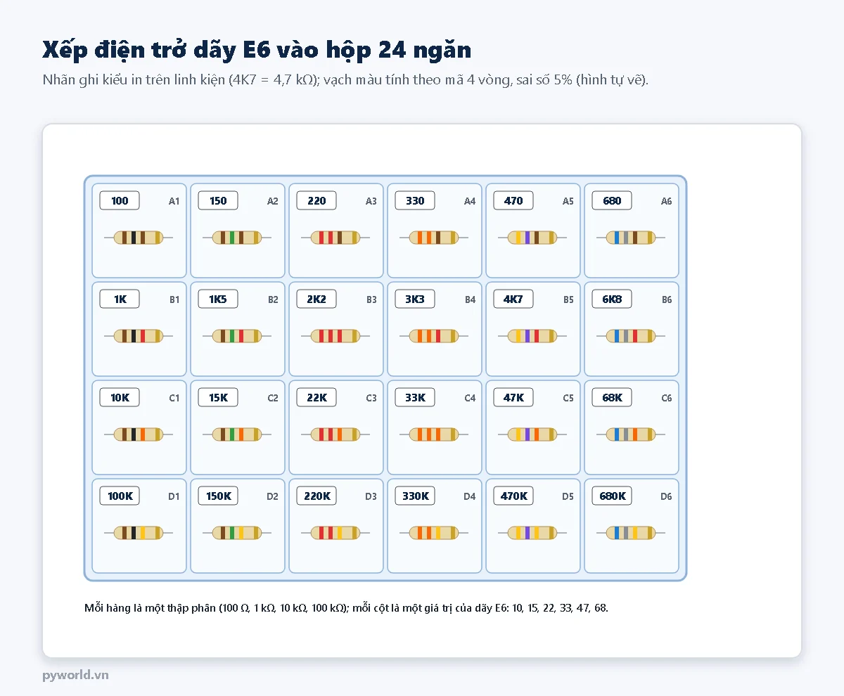 Hộp 24 ngăn xếp điện trở theo dãy E6 từ 100 ôm đến 680 kilo ôm, mỗi ô có nhãn giá trị kiểu 4K7, vạch màu và mã ô A1 đến D6