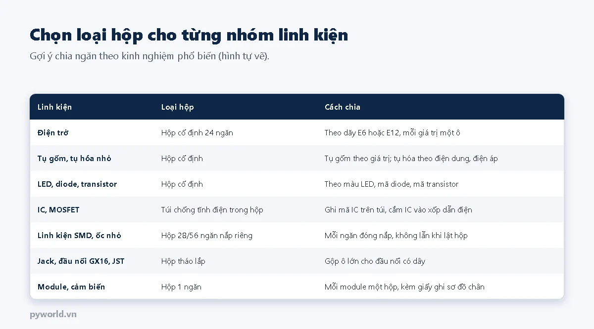 Bảng gợi ý loại hộp cho từng nhóm linh kiện: điện trở, tụ, LED, diode, transistor, IC, MOSFET, linh kiện SMD, jack, đầu nối, module