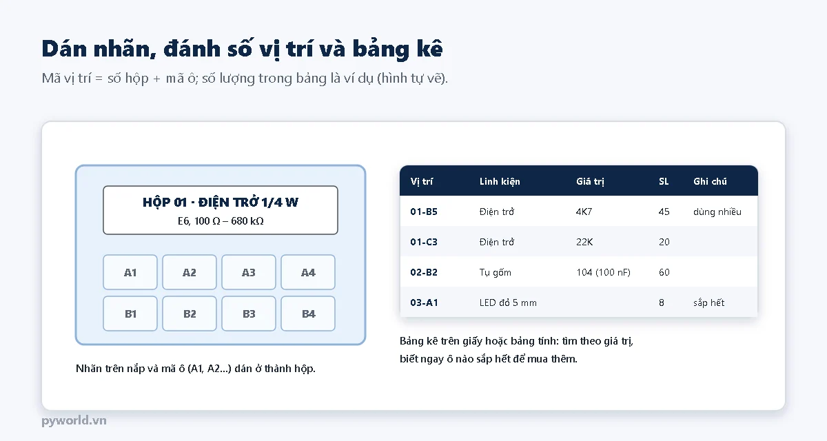 Nắp hộp có nhãn Hộp 01 điện trở 1/4 W, các ô đánh mã A1 đến B4, và bảng kê vị trí, linh kiện, giá trị, số lượng, ghi chú
