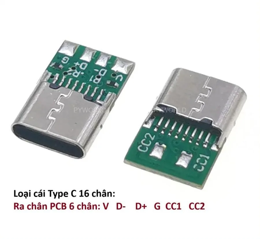 Jack USB Type-C cái loại 16 chân hàn trên mạch xanh lá, đưa ra sáu pad hàn ghi nhãn V, D−, D+, G, CC1, CC2