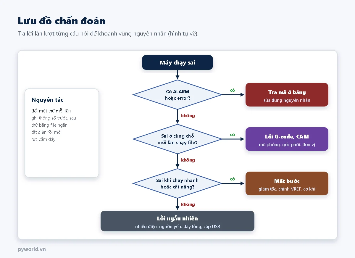 Lưu đồ chẩn đoán: máy chạy sai, có ALARM hoặc error thì tra mã; không thì hỏi sai ở cùng chỗ mỗi lần chạy file, có là lỗi G-code hoặc CAM; không thì hỏi sai khi chạy nhanh hoặc cắt nặng, có là mất bước; còn lại là lỗi ngẫu nhiên do nhiễu điện, nguồn yếu, dây lỏng, cáp USB