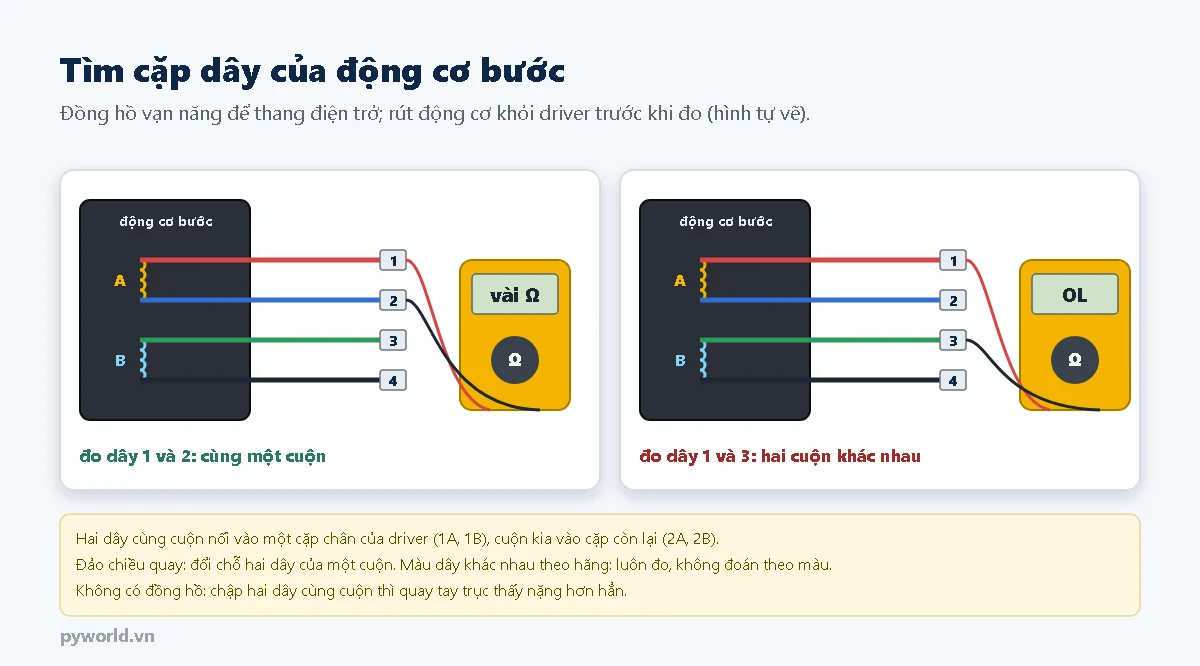 Động cơ bước bốn dây có hai cuộn A và B nối ra chân 1 đến 4; đồng hồ vạn năng đo dây 1 và 2 được vài ôm là cùng một cuộn, đo dây 1 và 3 hiện OL là hai cuộn khác nhau