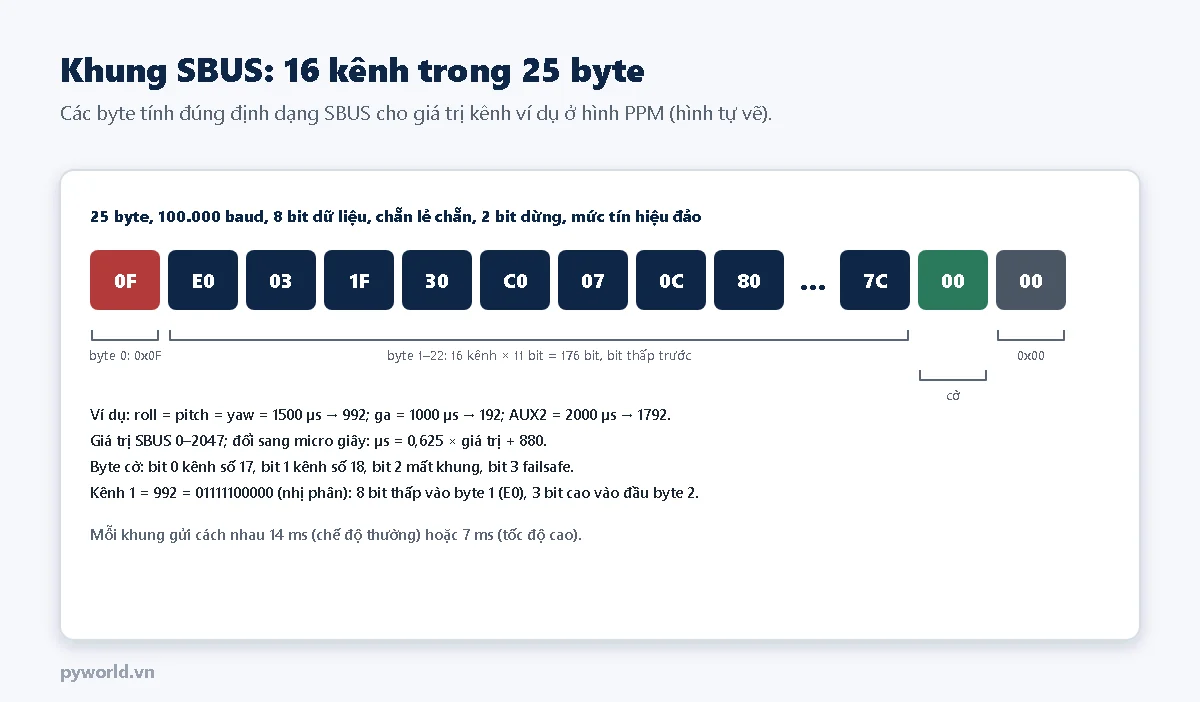 Khung SBUS 25 byte: byte đầu 0F, byte 1 đến 22 chứa 16 kênh 11 bit với các giá trị E0 03 1F 30 C0 07 0C 80 đến 7C, byte cờ 00 và byte cuối 00; ví dụ roll, pitch, yaw 1500 micro giây là 992, ga 1000 micro giây là 192, AUX2 2000 micro giây là 1792
