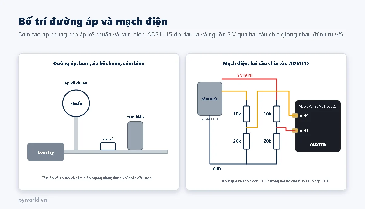 Bên trái là bơm tay nối tới áp kế chuẩn, van xả và cảm biến trên cùng một đường áp; bên phải là mạch điện: đầu ra cảm biến qua cầu chia 10 kilô ôm và 20 kilô ôm vào AIN0, nguồn 5 V qua cầu chia giống hệt vào AIN1 của ADS1115