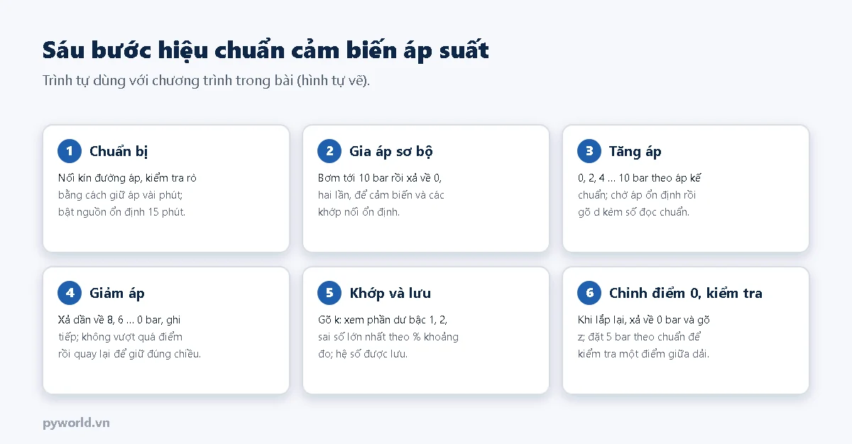 Sáu thẻ bước: chuẩn bị và kiểm tra rò; gia áp sơ bộ hai lần tới 10 bar; tăng áp 0, 2, 4 tới 10 bar ghi theo áp kế chuẩn; giảm áp 8 tới 0 bar; khớp và lưu bằng lệnh k; chỉnh điểm 0 bằng lệnh z và kiểm tra ở 5 bar