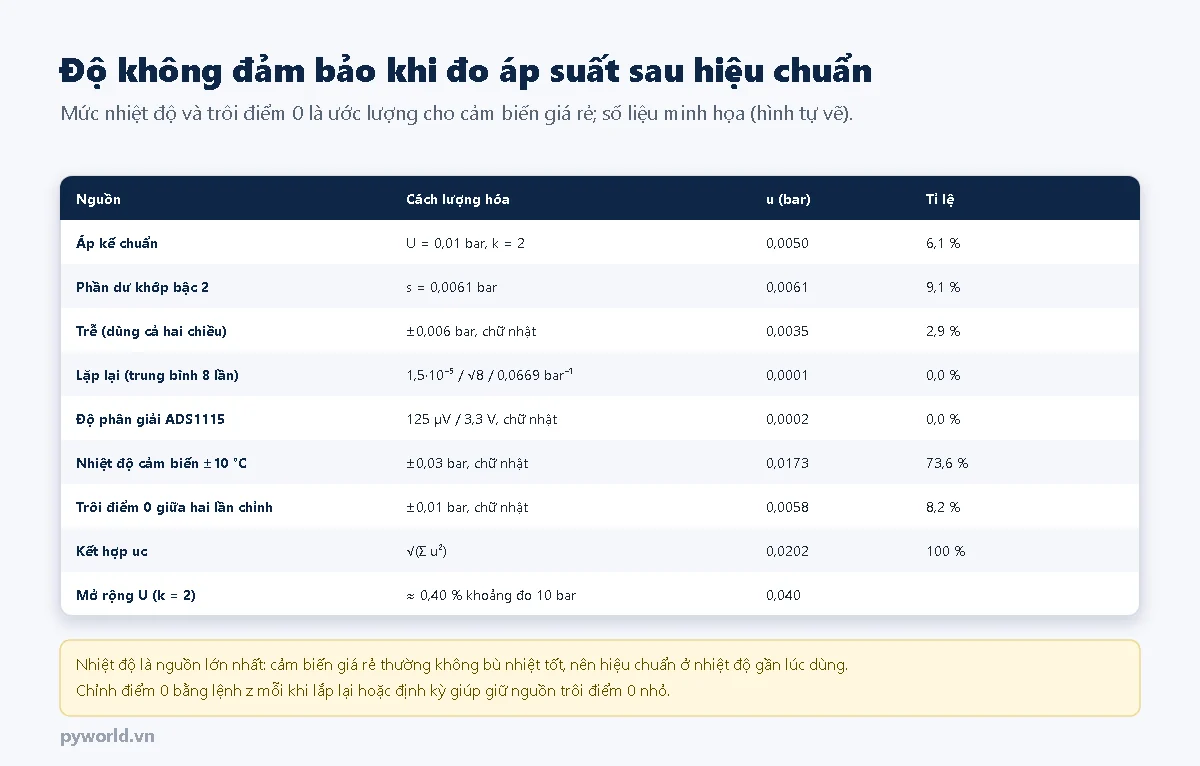 Bảng ngân sách độ không đảm bảo: áp kế chuẩn 0,005 bar, phần dư khớp 0,0061, trễ 0,0035, lặp lại 0,0001, độ phân giải ADS1115 0,0002, nhiệt độ cảm biến cộng trừ 10 độ C 0,0173 bar chiếm 74 phần trăm, trôi điểm 0 0,0058; kết hợp 0,0202, mở rộng 0,040 bar tức khoảng 0,40 phần trăm khoảng đo