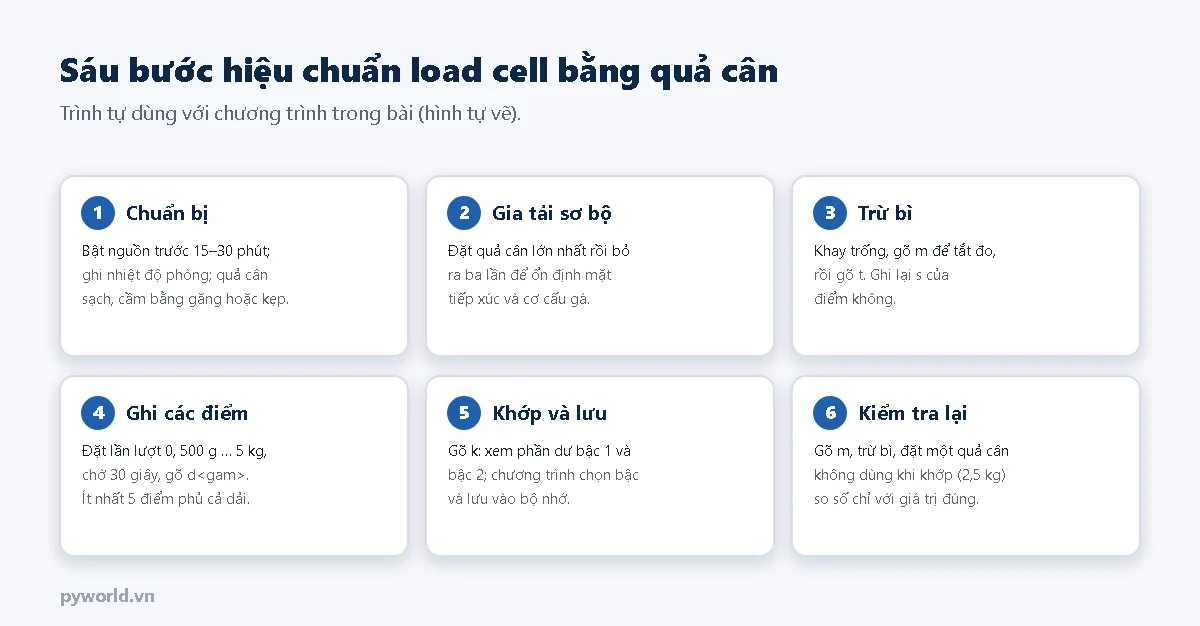 Sáu thẻ bước: chuẩn bị bật nguồn trước 15 đến 30 phút; gia tải sơ bộ ba lần bằng quả cân lớn nhất; trừ bì khi khay trống; ghi các điểm 0, 500 g tới 5 kg bằng lệnh d; khớp và lưu bằng lệnh k; kiểm tra lại bằng quả cân 2,5 kg không dùng khi khớp