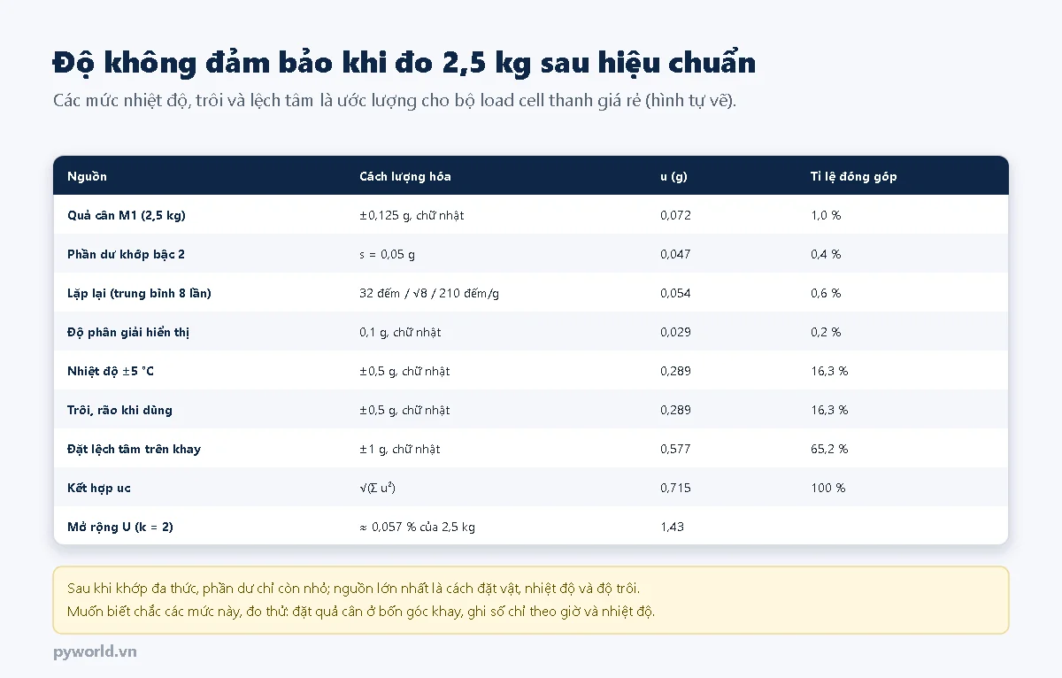 Bảng ngân sách độ không đảm bảo khi đo 2,5 kg: quả cân M1 0,072 g, phần dư khớp bậc 2 0,047 g, lặp lại 0,054 g, độ phân giải 0,029 g, nhiệt độ cộng trừ 5 độ 0,289 g, trôi và rão 0,289 g, đặt lệch tâm 0,577 g chiếm 65 phần trăm; kết hợp 0,715 g, mở rộng 1,43 g tức khoảng 0,057 phần trăm của 2,5 kg