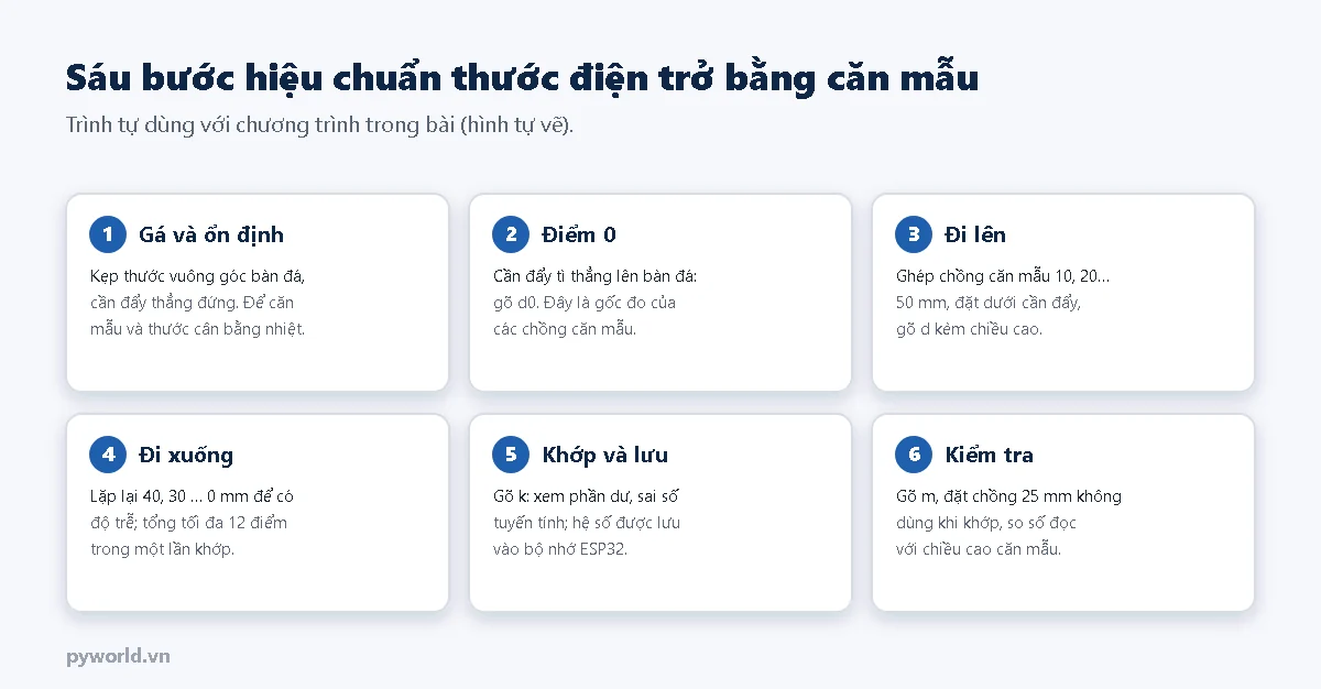 Sáu thẻ bước: gá và ổn định nhiệt; điểm 0 khi cần đẩy tì lên bàn đá; đi lên với chồng căn mẫu 10 đến 50 mm; đi xuống 40 đến 0 mm để có độ trễ; khớp và lưu bằng lệnh k; kiểm tra bằng chồng 25 mm không dùng khi khớp