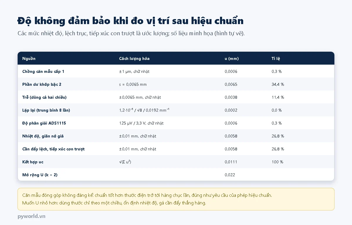 Bảng ngân sách độ không đảm bảo khi đo vị trí sau hiệu chuẩn: chồng căn mẫu 0,0006 mm, phần dư khớp bậc 2 0,0065 mm, trễ 0,0038 mm, lặp lại 0,0002 mm, độ phân giải ADS1115 0,0006 mm, nhiệt độ 0,0058 mm, cần đẩy lệch và tiếp xúc con trượt 0,0058 mm; kết hợp 0,0111 mm, mở rộng 0,022 mm