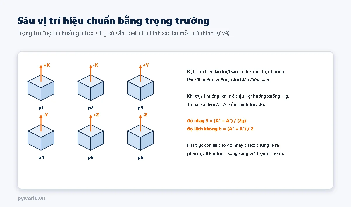 Sáu hình khối lập phương ứng với sáu vị trí p1 đến p6: trục cộng X, trừ X, cộng Y, trừ Y, cộng Z, trừ Z hướng lên; bên phải là công thức độ nhạy bằng hiệu hai số đếm chia hai g và độ lệch không bằng trung bình hai số đếm