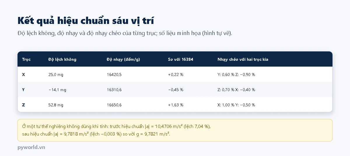 Bảng kết quả ba trục X, Y, Z: độ lệch không 25,0, âm 14,1, 52,8 mg; độ nhạy 16420,5, 16310,6, 16650,6 số đếm mỗi g, lệch cộng 0,22, âm 0,45, cộng 1,63 phần trăm so với 16384; độ nhạy chéo từ âm 0,90 đến cộng 1,00 phần trăm; trước hiệu chuẩn độ lớn 10,4706 lệch 7,04 phần trăm, sau hiệu chuẩn 9,7818 lệch âm 0,003 phần trăm