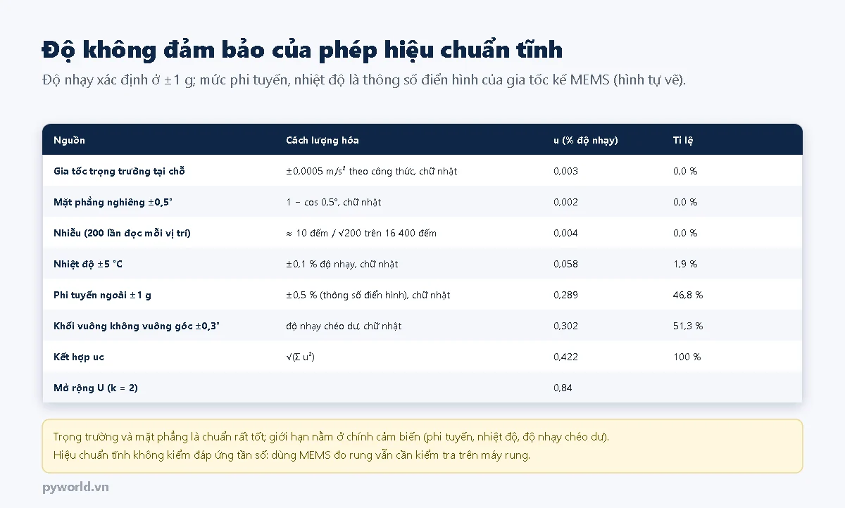 Bảng độ không đảm bảo của phép hiệu chuẩn tĩnh: gia tốc trọng trường tại chỗ 0,003 phần trăm, mặt phẳng nghiêng 0,002, nhiễu 0,004, nhiệt độ 0,058, phi tuyến ngoài cộng trừ 1 g 0,289, khối vuông không vuông góc 0,302 phần trăm; kết hợp 0,422, mở rộng 0,84 phần trăm độ nhạy