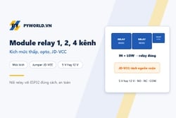 Module relay 1, 2, 4 kênh: kích mức thấp hay cao, opto cách ly, jumper JD-VCC, chọn 5 V hay 12 V