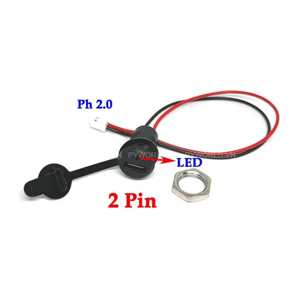 Jack nguồn type C tròn 2 Pin, màu đen, có nắp, jack PH2.0, có LED báo