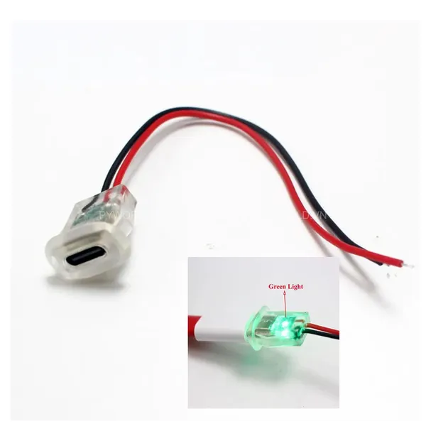 Jack nguồn type C, 2 Pin, Trong suốt, có LED, dạng OVAL