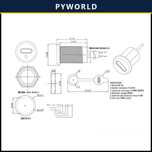 Jack type C tròn 4 Pin, màu đen, có nắp, jack PH2.0, có LED báo