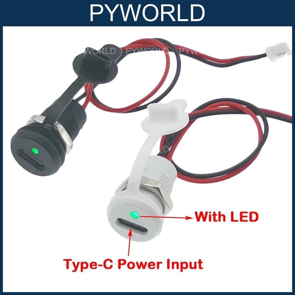 Jack nguồn type C tròn 2 Pin, màu đen, có nắp, có LED báo
