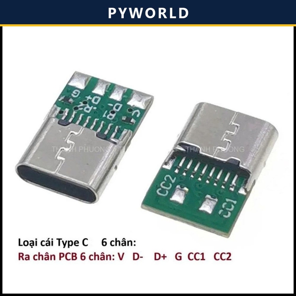 Jack type C cái, 6 Pin, ra chân PCB, chưa hàn dây