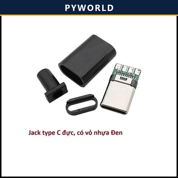 Jack type C đực, có vỏ nhựa đen, chưa hàn dây