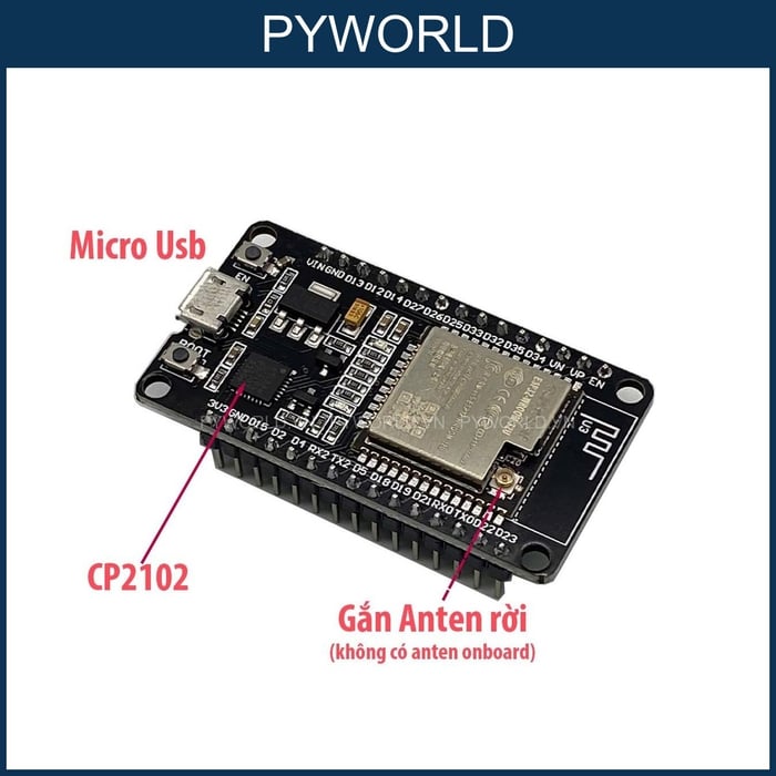 ESP32 devkit V1 30 Pin, cổng kết nối Micro USB, chip giao tiếp CP2102, anten rời (chưa gồm anten)