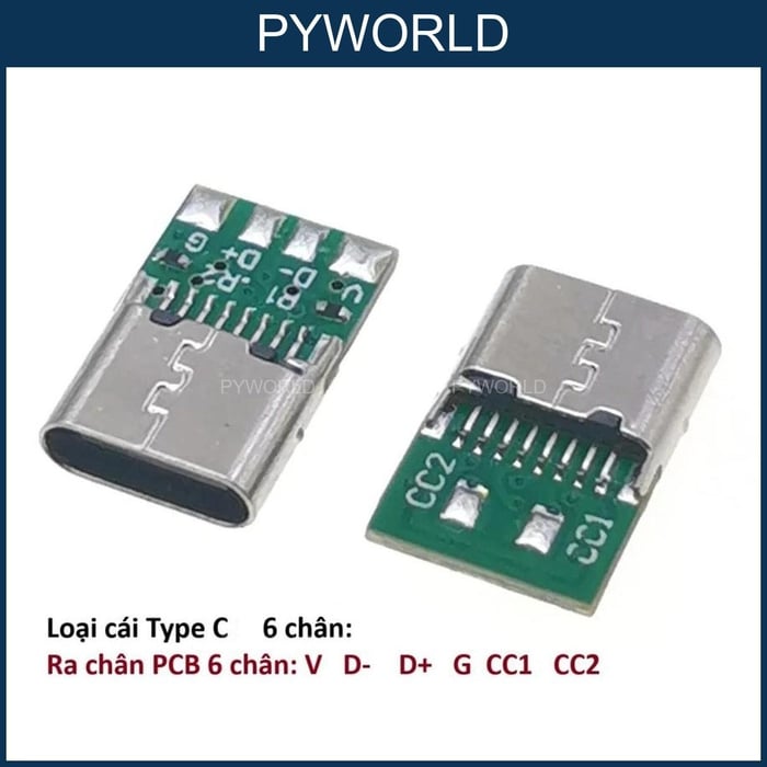 Jack type C cái, 6 Pin, ra chân PCB, chưa hàn dây