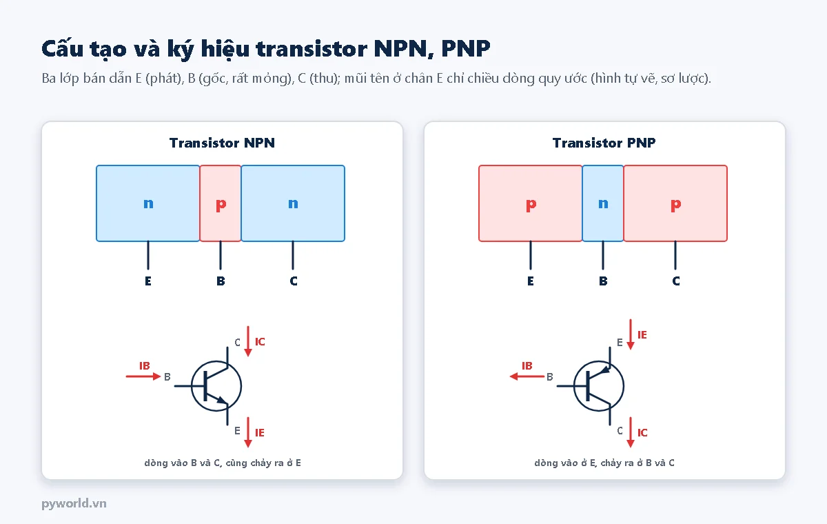 Hai hình: transistor NPN gồm ba lớp n, p, n với ba chân E, B, C và ký hiệu có mũi tên ở chân E hướng ra, dòng IB và IC chảy vào, IE chảy ra; transistor PNP gồm ba lớp p, n, p với ký hiệu mũi tên ở chân E hướng vào, dòng IE chảy vào, IB và IC chảy ra