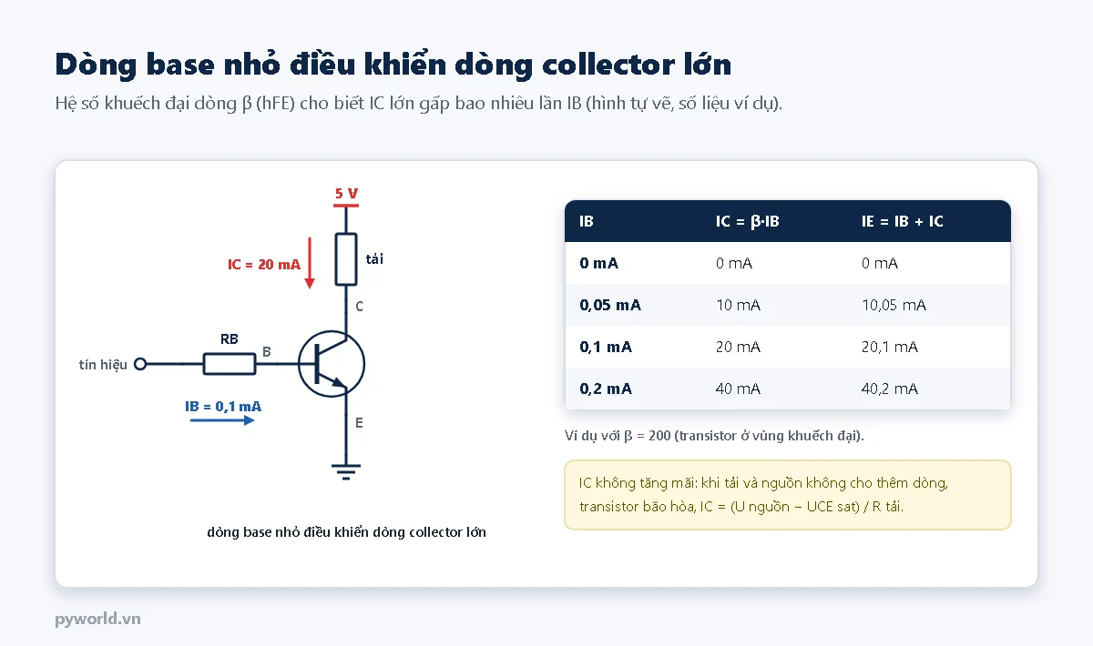 Mạch transistor NPN: tín hiệu qua điện trở RB vào base với IB 0,1 mA, collector nối tải lên 5 V với IC 20 mA, emitter xuống đất; bảng với beta 200: IB 0 cho IC 0, IB 0,05 mA cho IC 10 mA, IB 0,1 mA cho IC 20 mA, IB 0,2 mA cho IC 40 mA, IE bằng IB cộng IC