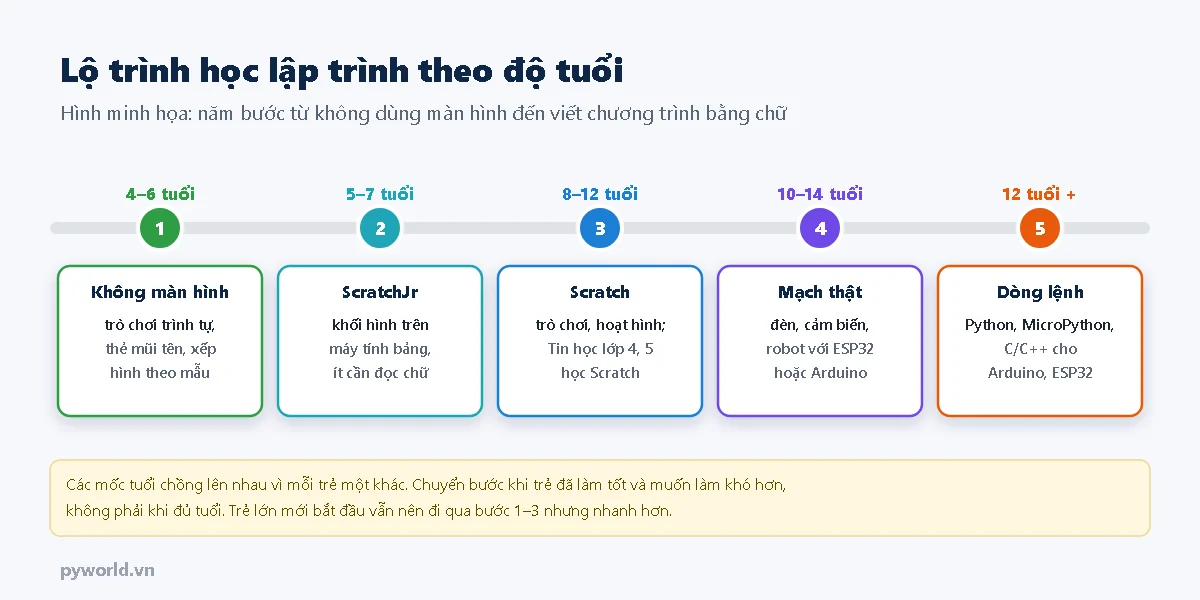 Lộ trình học lập trình năm bước: 4 đến 6 tuổi không màn hình, 5 đến 7 tuổi ScratchJr, 8 đến 12 tuổi Scratch, 10 đến 14 tuổi mạch thật với ESP32 hoặc Arduino, từ 12 tuổi dòng lệnh Python, MicroPython, C/C++