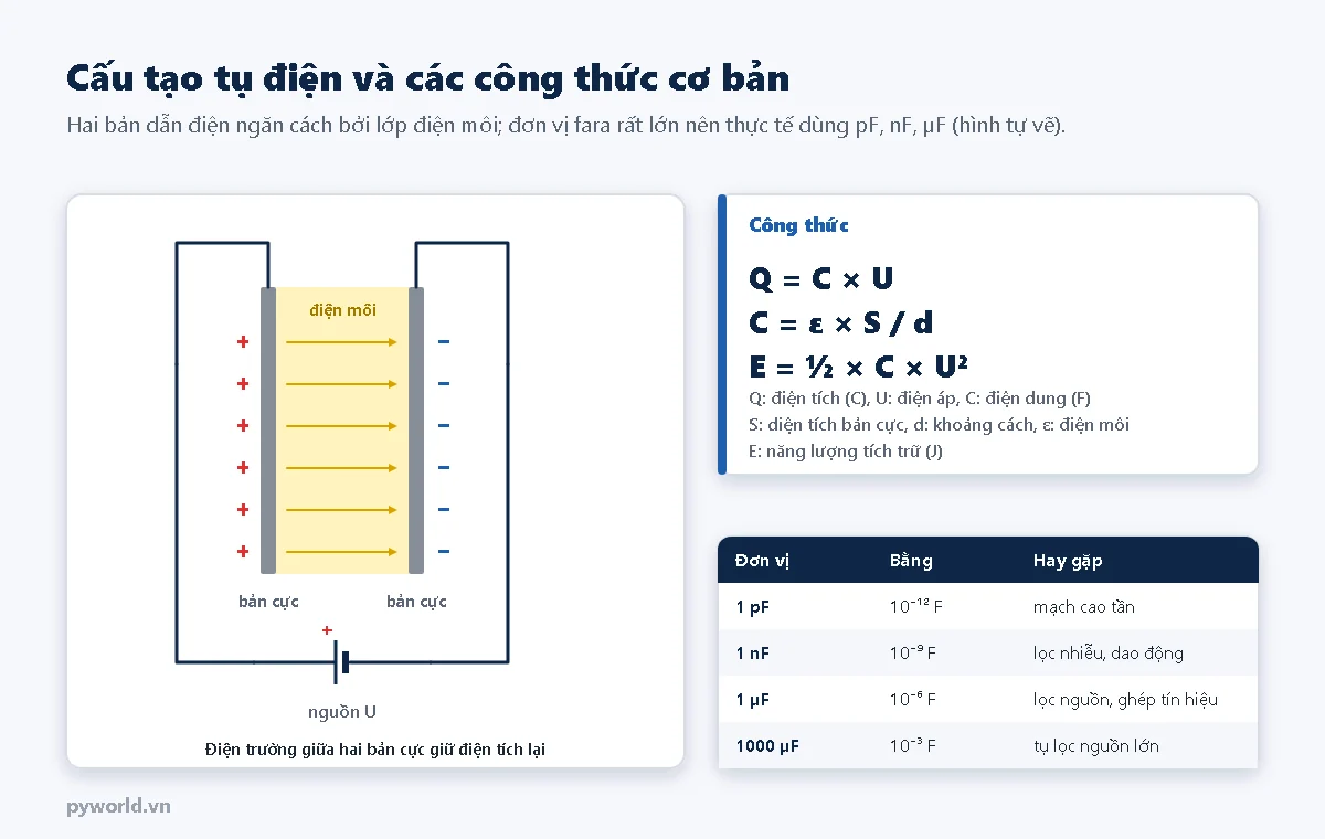 Hình vẽ tụ điện gồm hai bản cực kim loại ngăn cách bởi lớp điện môi màu vàng, nối với nguồn U; bản cực trái mang điện tích dương, bản cực phải mang điện tích âm, mũi tên điện trường giữa hai bản; hộp công thức Q bằng C nhân U, C bằng epsilon nhân S chia d, năng lượng bằng một nửa C nhân U bình phương; bảng đơn vị pF, nF, µF