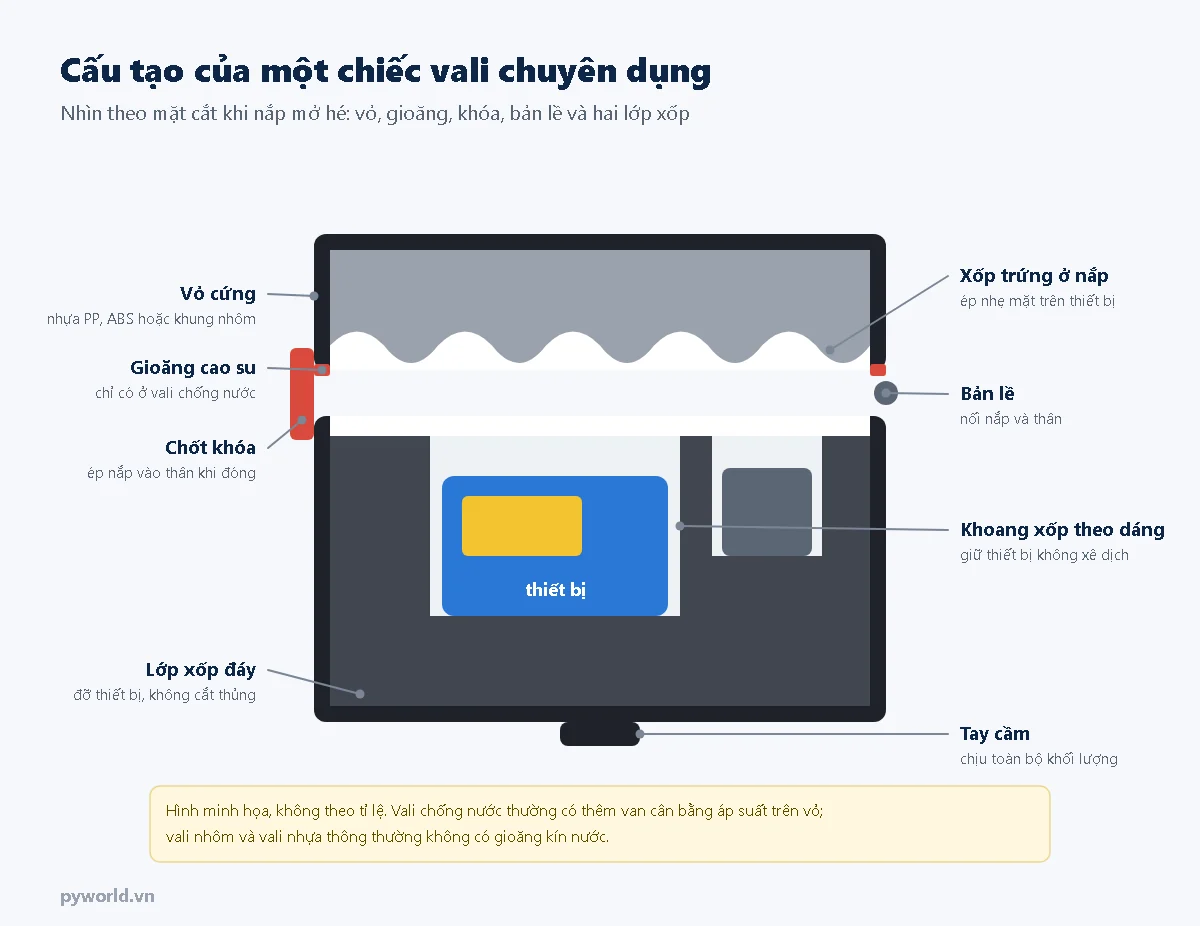 Hình minh họa mặt cắt vali chuyên dụng: vỏ cứng, gioăng cao su, chốt khóa, bản lề, xốp trứng ở nắp, khoang xốp giữ thiết bị và lớp xốp đáy