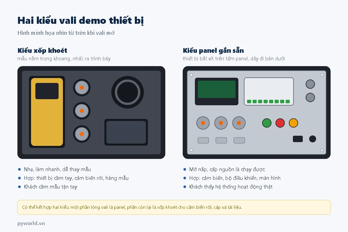 Hình minh họa hai kiểu vali demo nhìn từ trên: kiểu xốp khoét để mẫu trong khoang và kiểu panel gắn sẵn thiết bị, dây đi bên dưới