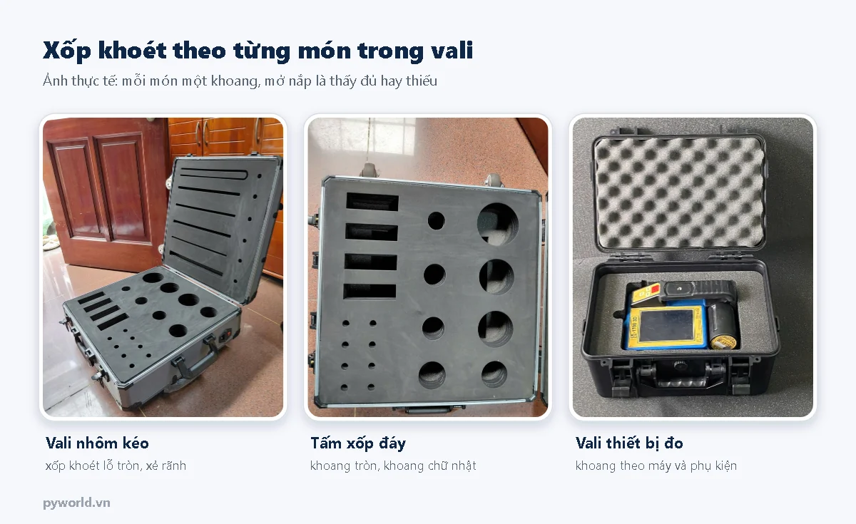 Ảnh thực tế vali nhôm kéo có xốp khoét lỗ tròn và xẻ rãnh, tấm xốp đáy có khoang tròn và khoang chữ nhật, vali đựng máy đo có khoang theo máy và phụ kiện
