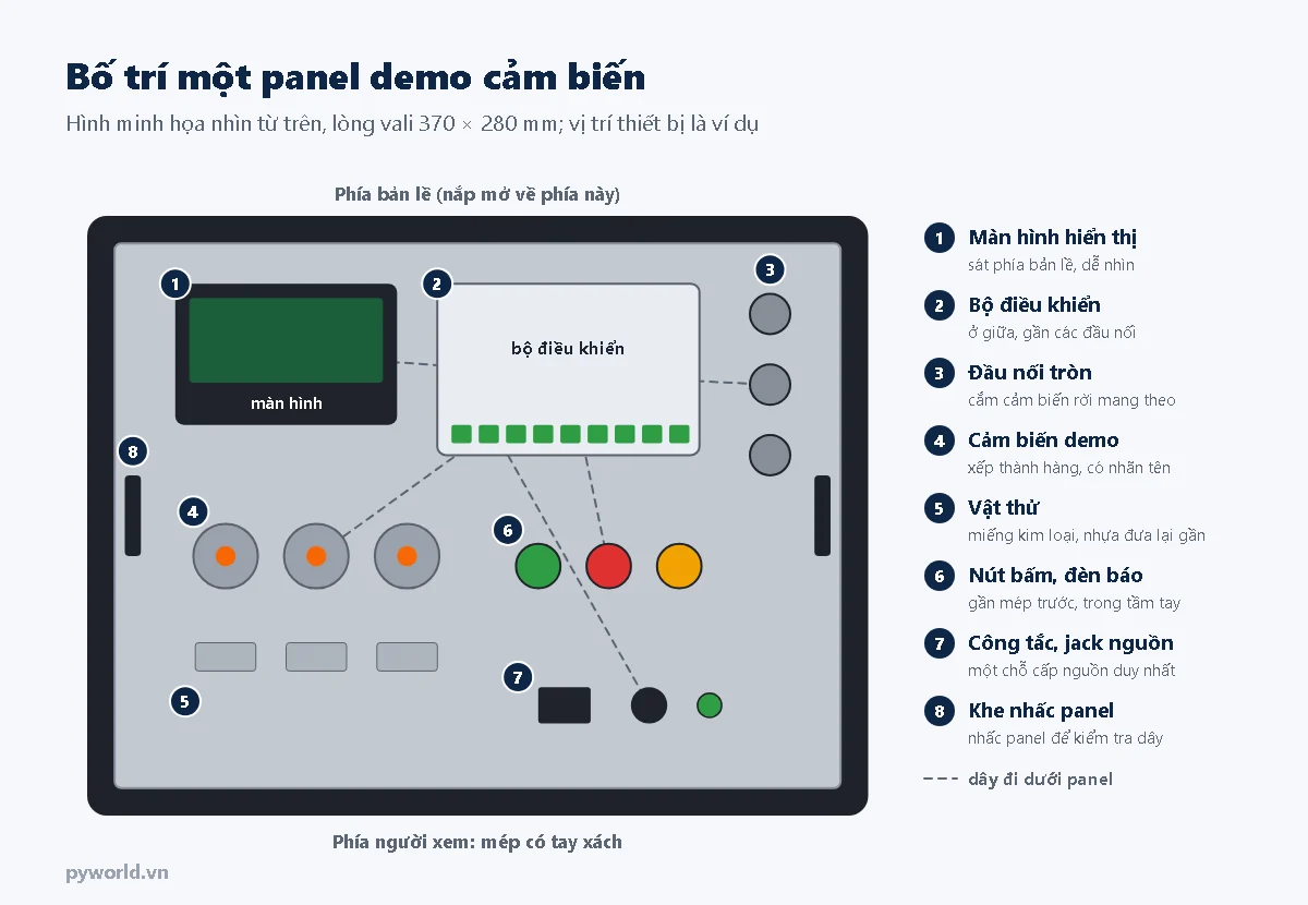 Hình minh họa bố trí panel demo cảm biến nhìn từ trên: màn hình, bộ điều khiển, đầu nối tròn, ba cảm biến, vật thử, nút bấm, công tắc và jack nguồn, khe nhấc panel