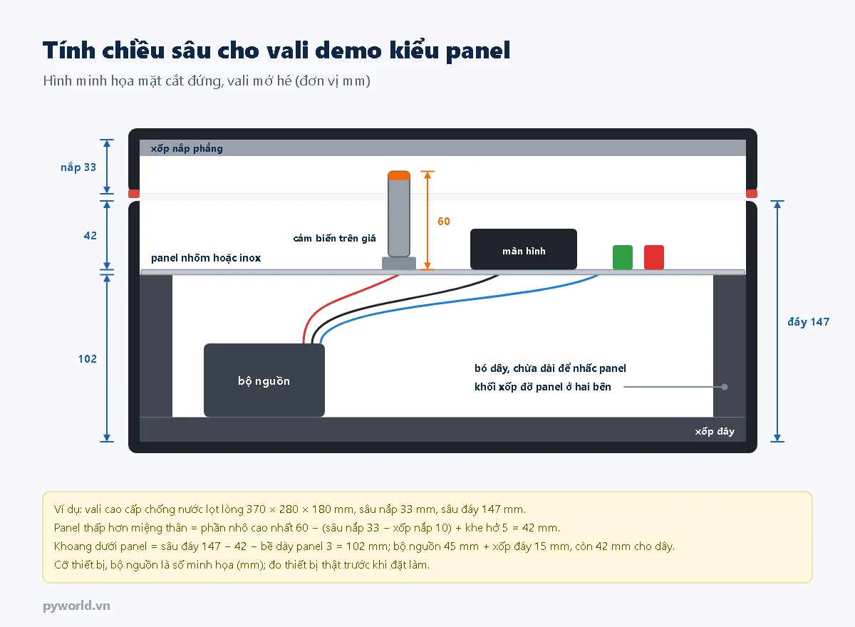 Hình minh họa mặt cắt vali demo kiểu panel: nắp sâu 33 mm có xốp phẳng, panel thấp hơn miệng thân 42 mm, khoang dưới panel 102 mm chứa bộ nguồn và dây, đáy sâu 147 mm