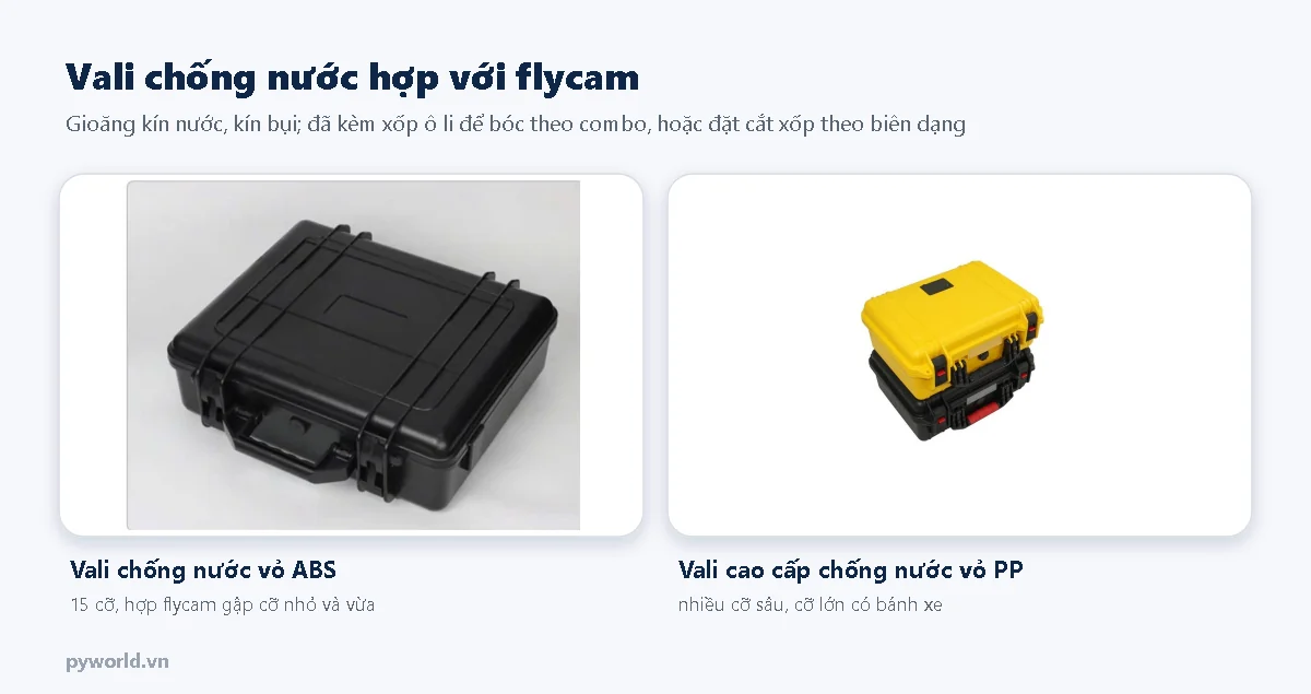 Hai dòng vali chống nước hợp với flycam: vali chống nước vỏ ABS và vali cao cấp chống nước vỏ PP