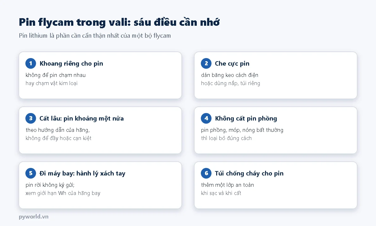 Sáu điều cần nhớ khi cất pin flycam trong vali: khoang riêng, che cực pin, cất lâu để pin khoảng một nửa, không cất pin phồng, đi máy bay để pin trong hành lý xách tay, túi chống cháy