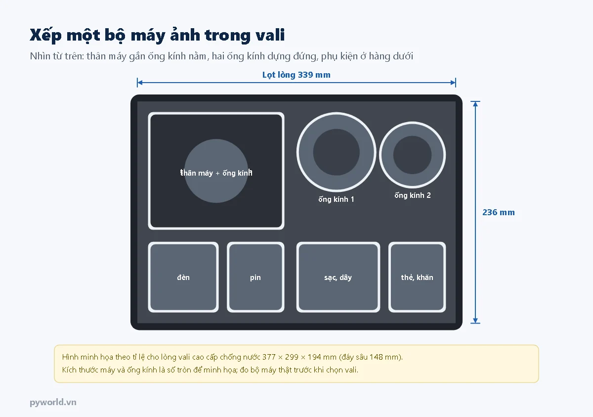 Hình minh họa nhìn từ trên lòng vali 339 × 236 mm: thân máy gắn ống kính, hai ống kính dựng đứng, đèn, pin, sạc và thẻ nhớ mỗi món một khoang