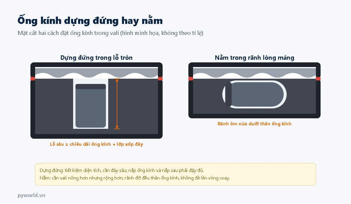 Hình minh họa mặt cắt ống kính dựng đứng trong lỗ xốp tròn của vali sâu và ống kính nằm trong rãnh lòng máng của vali nông