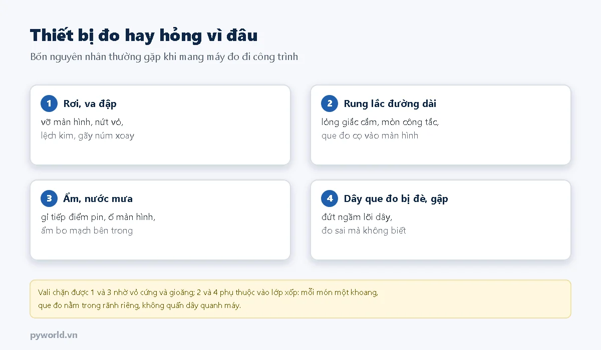 Bốn nguyên nhân làm hỏng thiết bị đo khi mang đi công trình: rơi va đập, rung lắc đường dài, ẩm nước mưa, dây que đo bị đè gập