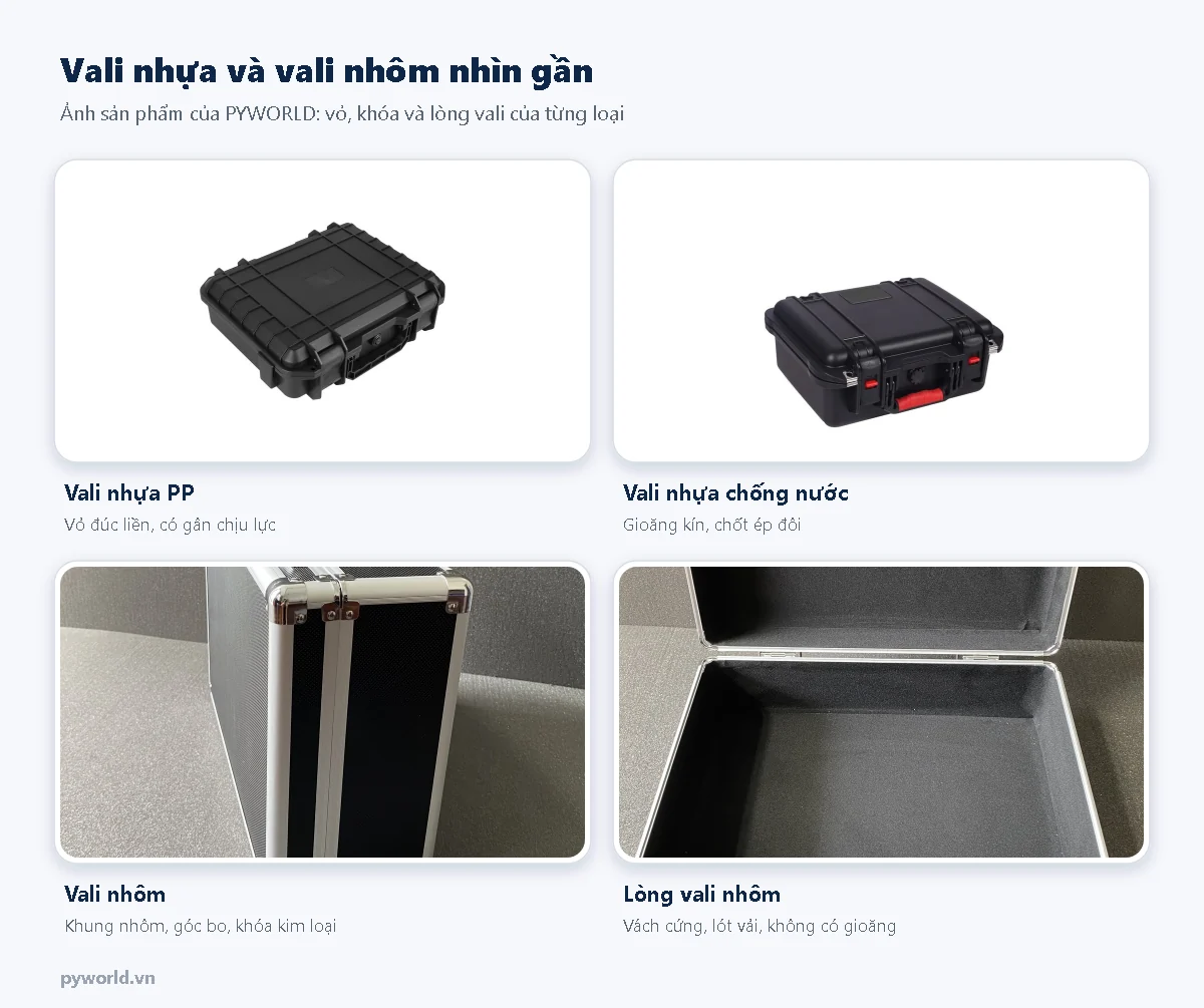Vali nhựa PP, vali nhựa chống nước, vali nhôm và lòng vali nhôm nhìn gần: vỏ, khóa và lớp lót của từng loại