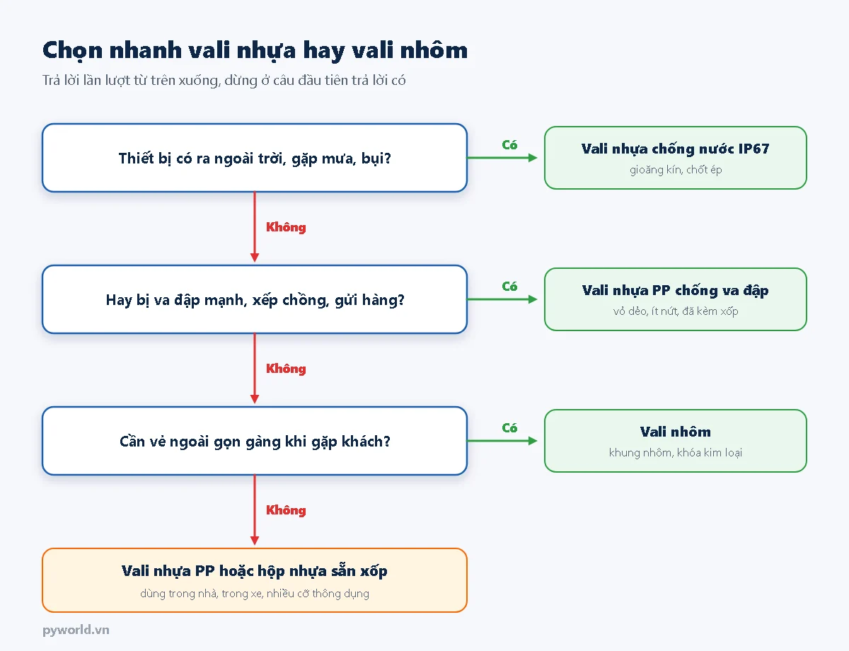 Sơ đồ chọn nhanh vali nhựa hay vali nhôm: ba câu hỏi về mưa bụi, va đập và vẻ ngoài dẫn tới vali chống nước, vali nhựa PP, vali nhôm hoặc hộp sẵn xốp