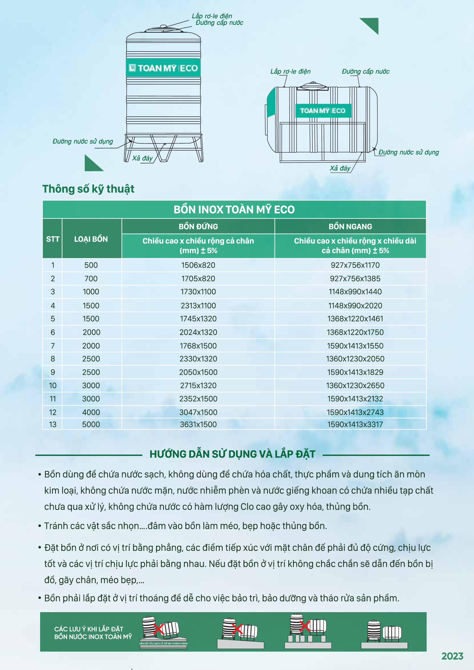 Bồn inox Toàn Mỹ Eco 2000L đứng Bồn inox Toàn Mỹ Eco 2000L đứng