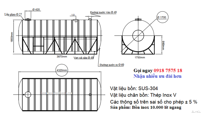 Bồn nước inox công nghiệp 10000 lít ngang