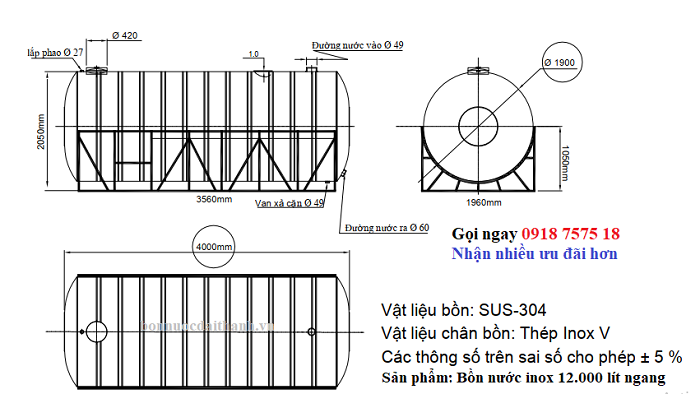 Bồn nước inox công nghiệp 12000 lít ngang