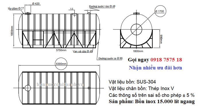 Bồn nước inox công nghiệp 15000 lít ngang